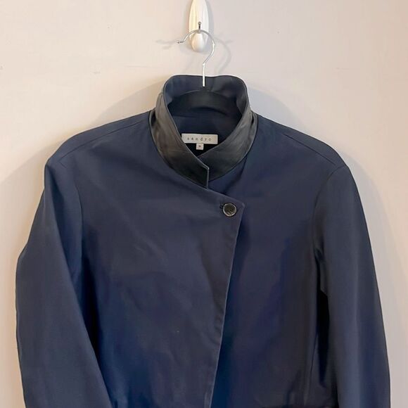 Sandro dark navy cotton blazer with black leather accents - Picture 5 of 6